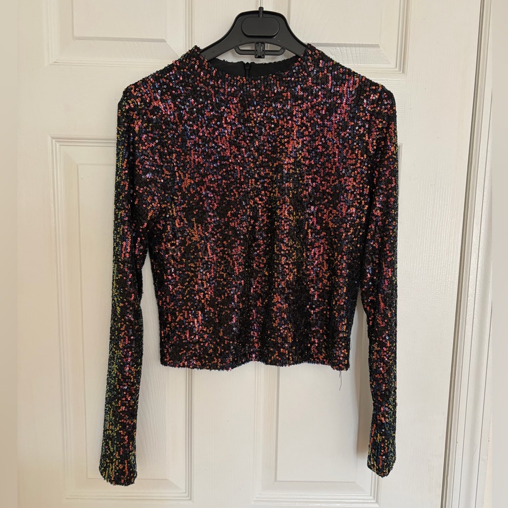 Mango Black Long-Sleeve Sequin Crop Top with Multicolor Sparkle